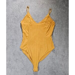 Forever 21 Mustard Yellow Faux Suede V-Neck Bodysuit Sleeveless Snap Closure